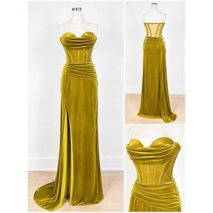 Miss Circle Octavia Gold Velvet Corset Gown High Slit Crystal Draped Dress S